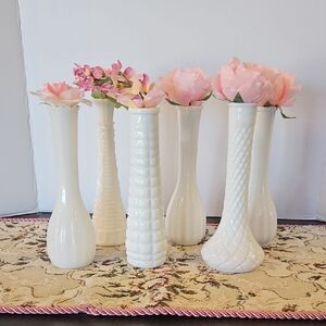 6 Elegant Vintage White Milk Glass Vase Set